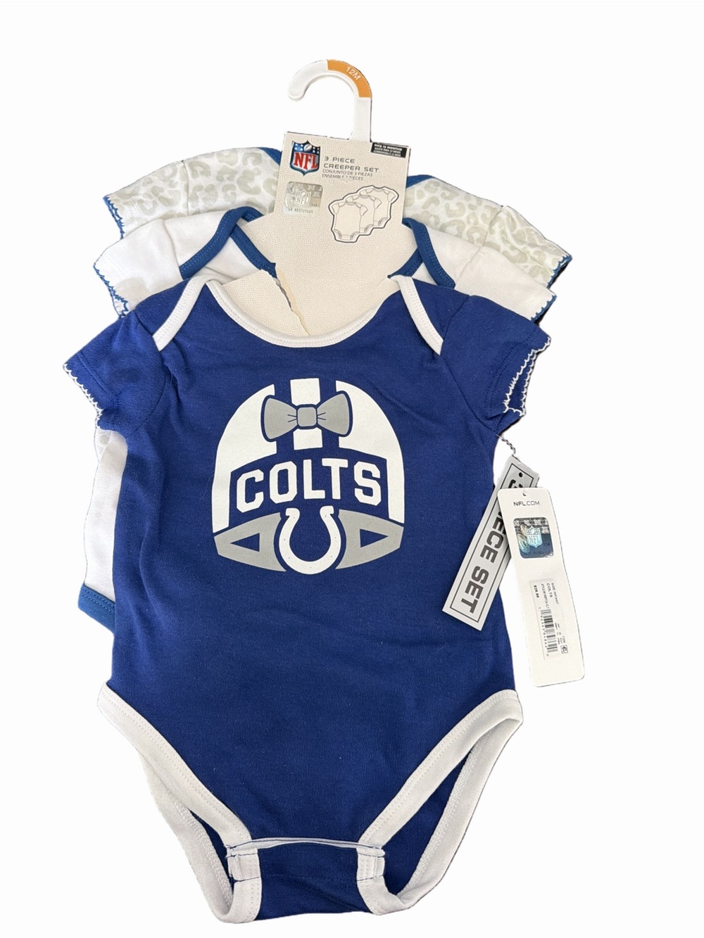NWT NFL Indianapolis Colts Royal Blue White Baby Bodysuit 3-Pack. 12M